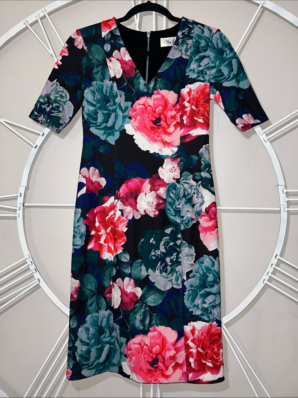 Eliza J V-Neck Navy Midi Sheath Dress with Pink & Teal Floral Print